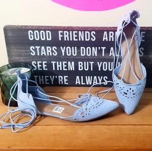 Christian Siriano blue flats 8.5 ankle tie cutout